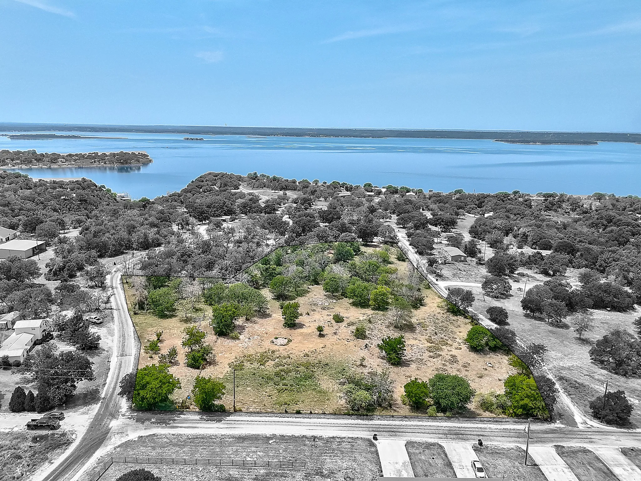 Aerial view of a nearby body of water