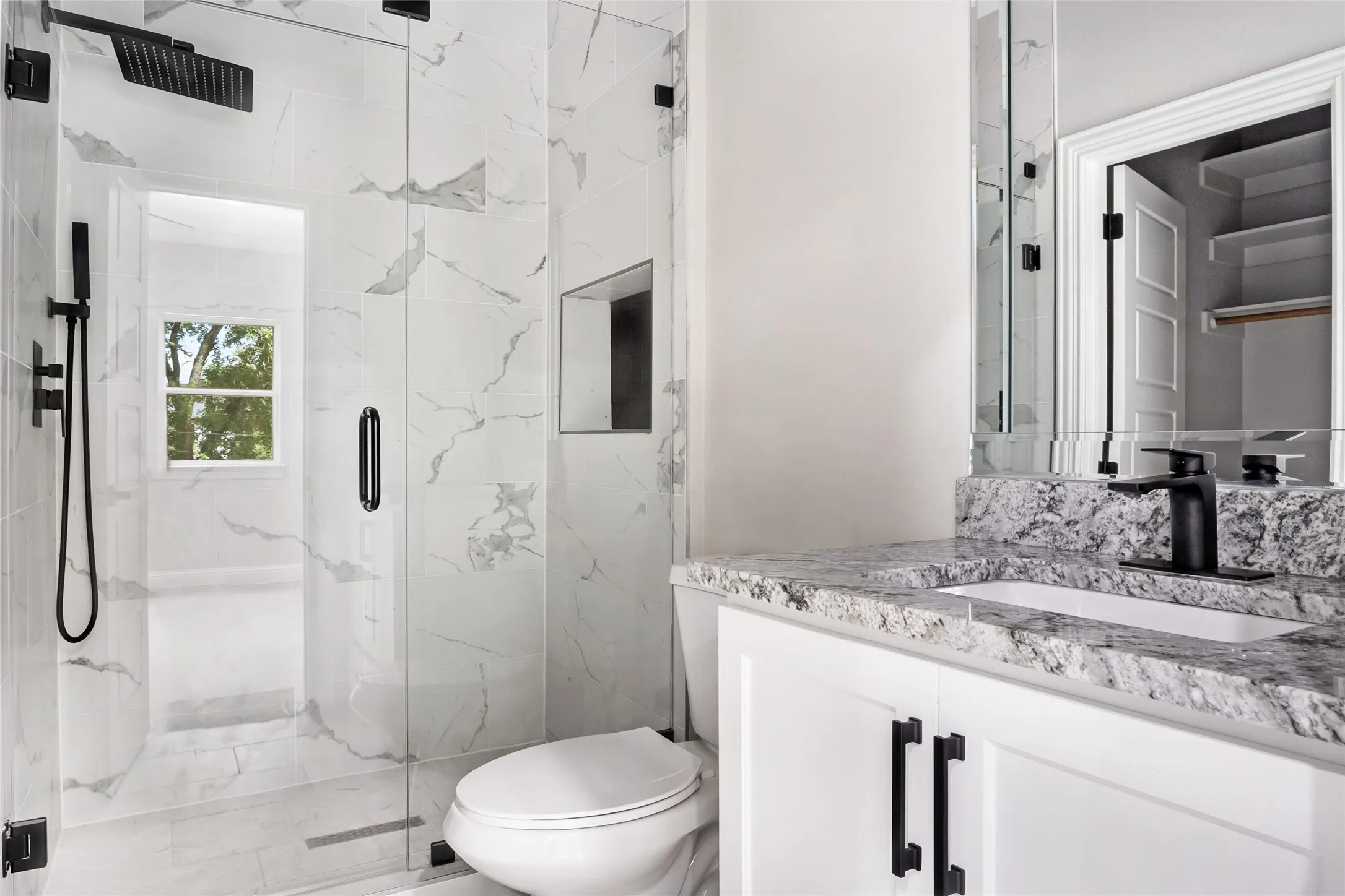 2 Bedroom Suite comes with a Bathroom featuring Custom solid wood cabinet, Granite Vanity and Modern shower