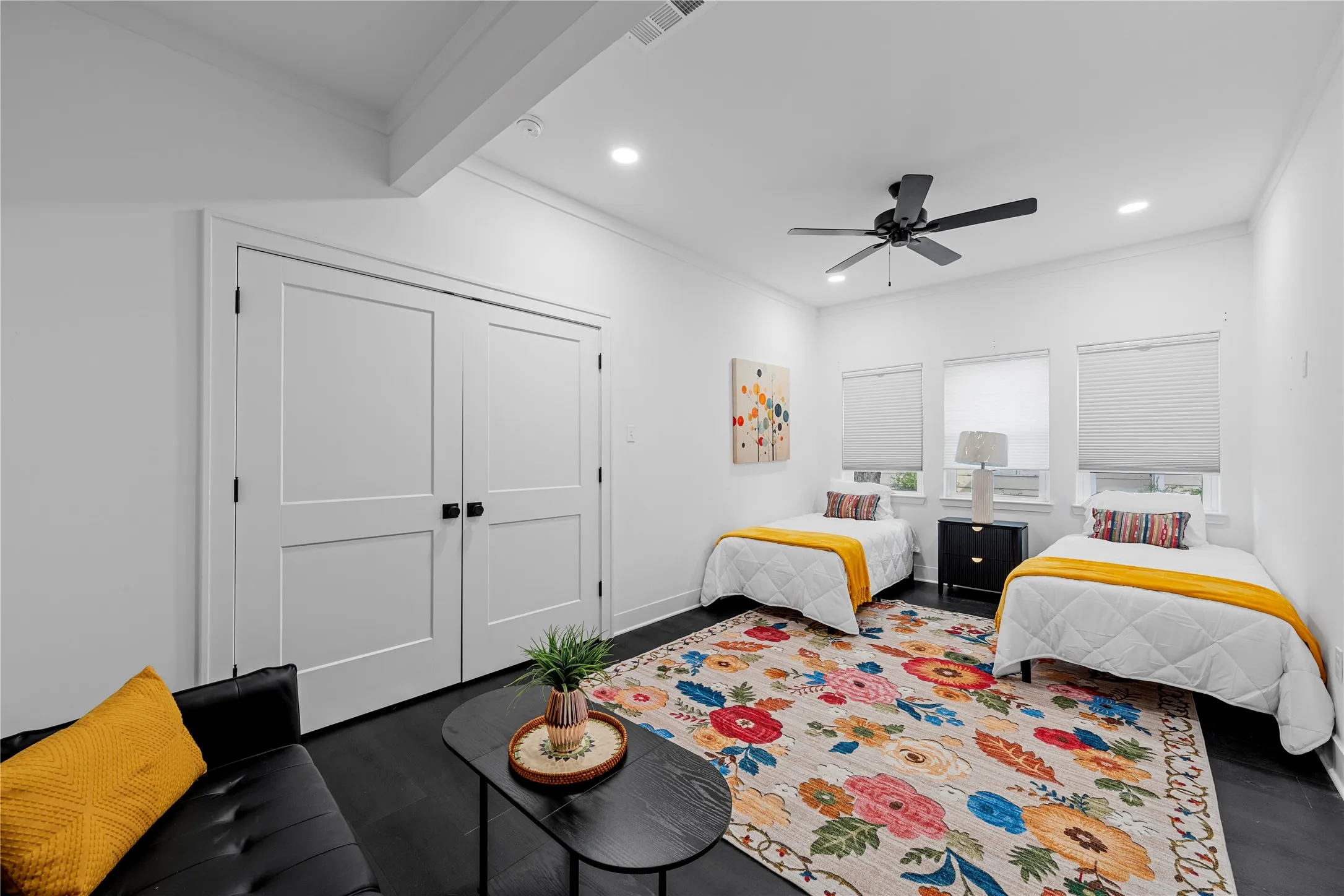 Bedroom with ornamental molding, a ceiling fan, recessed lighting, wood finished floors, and a closet