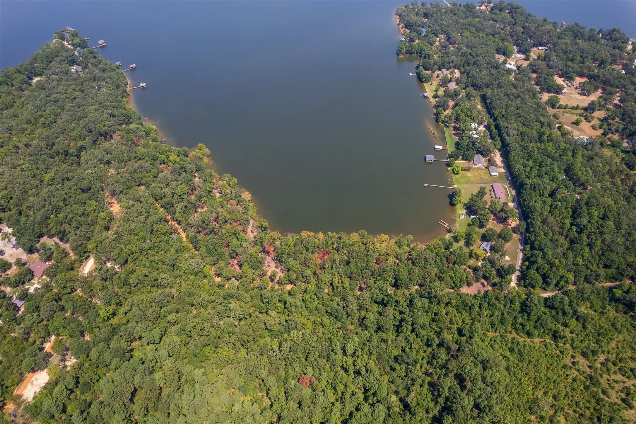 Aerial view of property's location featuring a heavily wooded area and a large body of water