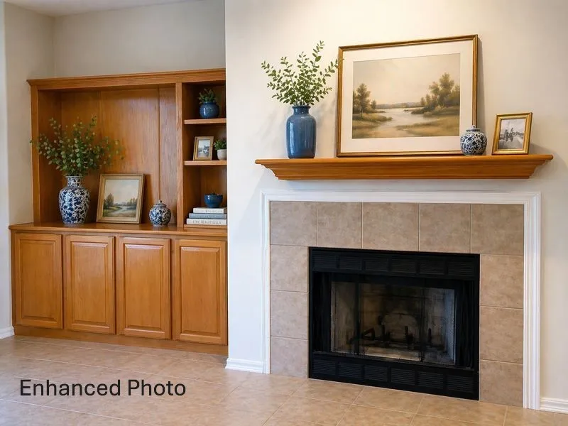 Built in cabinets and wood burning fireplace.