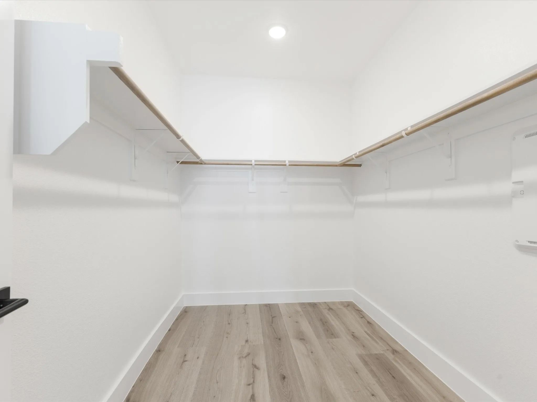 Spacious primary closet featuring light wood-style floors