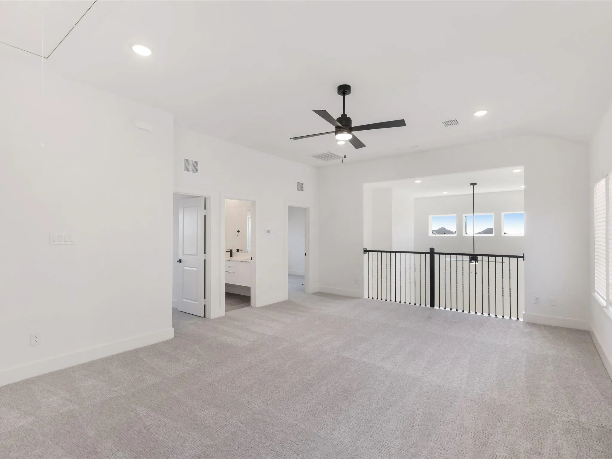 Game room with recessed lighting, attic access, light colored carpet, and ceiling fan
