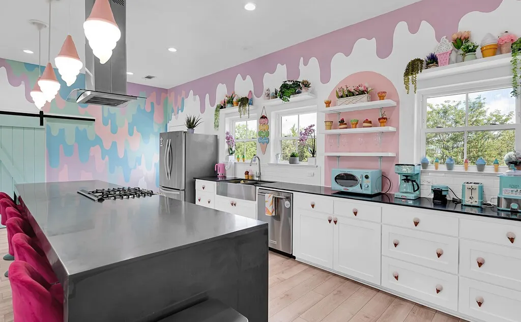 Kitchen featuring pendant lighting, decorative backsplash, open shelves, island range hood, and recessed lighting