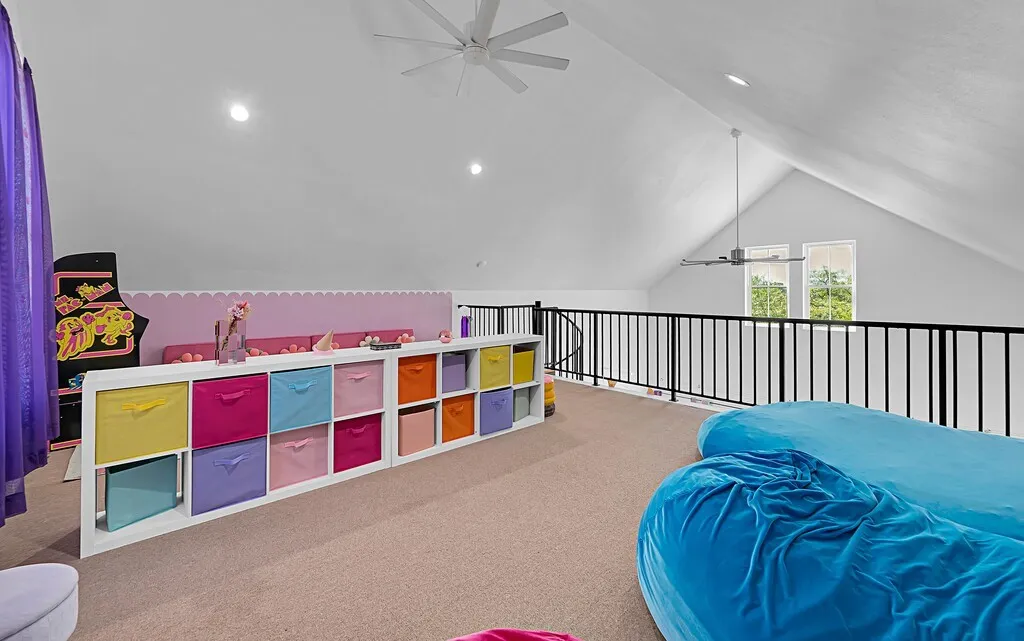 Game room featuring ceiling fan, vaulted ceiling, carpet flooring, and recessed lighting