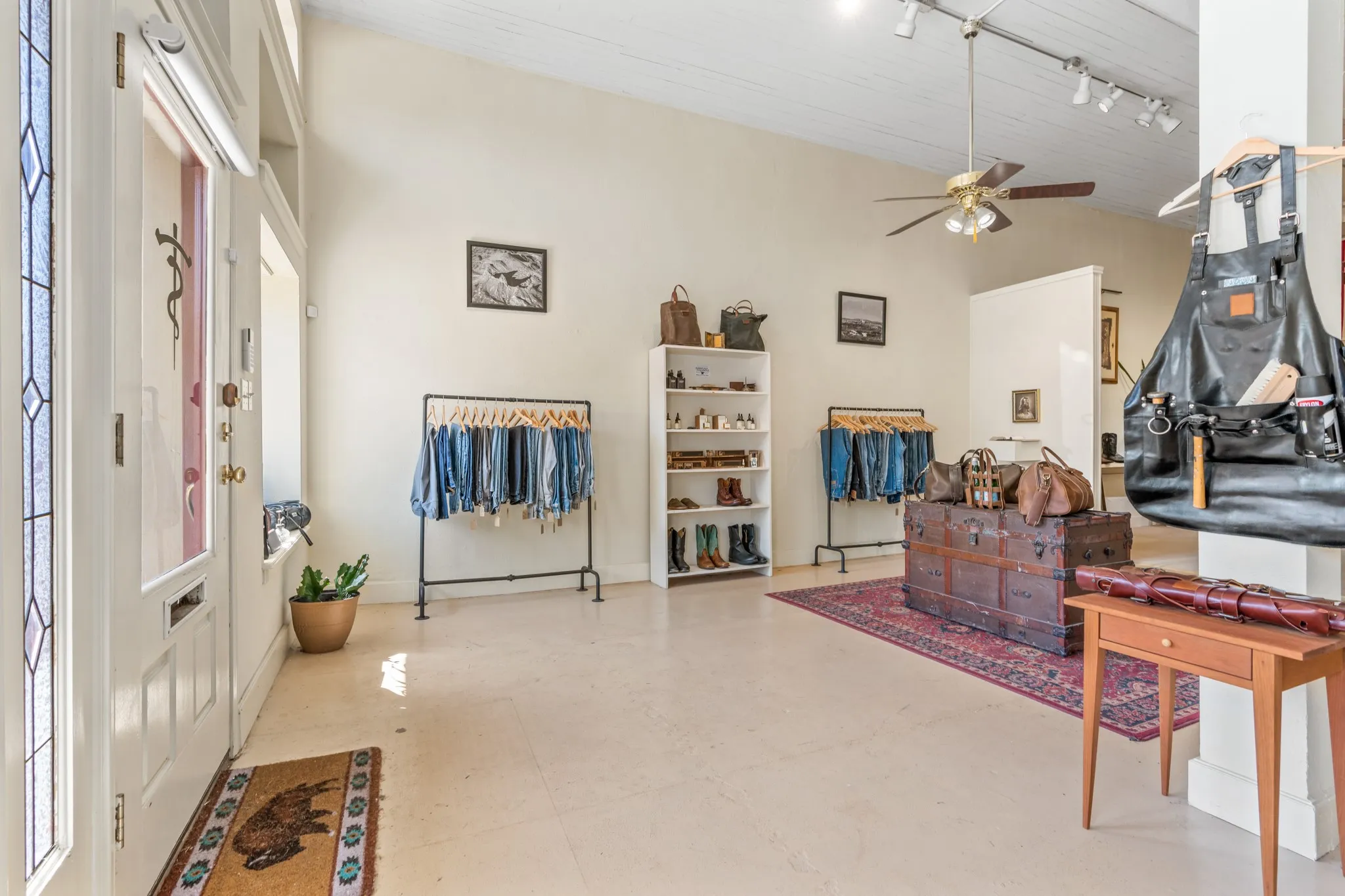 Living area with ceiling fan and rail lighting