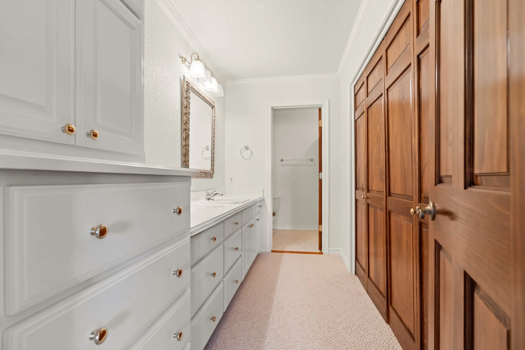 Full bathroom featuring ornamental molding and double vanity