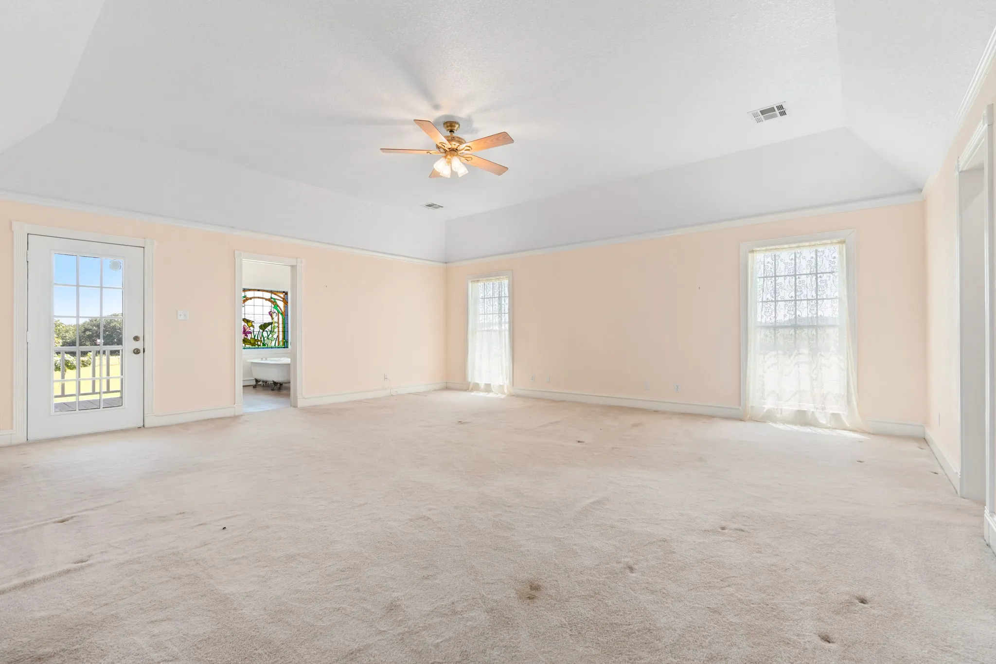 Empty room featuring a tray ceiling, healthy amount of natural light, and carpet