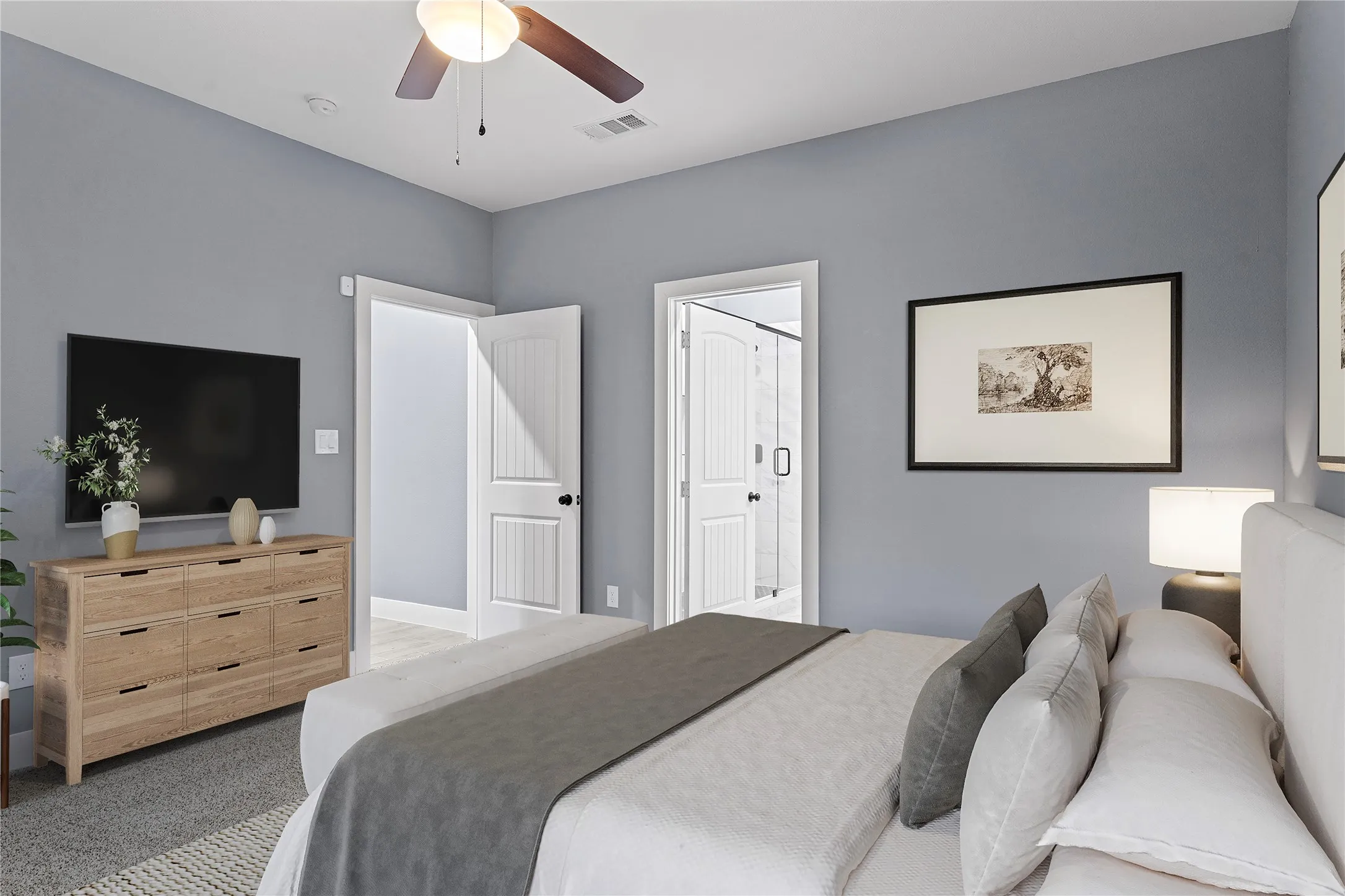 Bedroom with carpet floors and ceiling fan