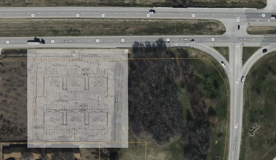 Aerial overview of property's location with property boundaries highlighted