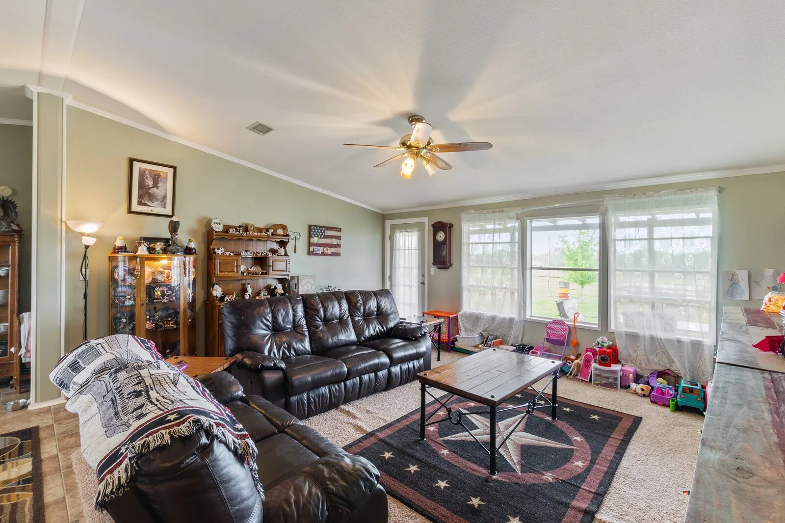 Carpeted living room featuring ornamental molding and ceiling fan