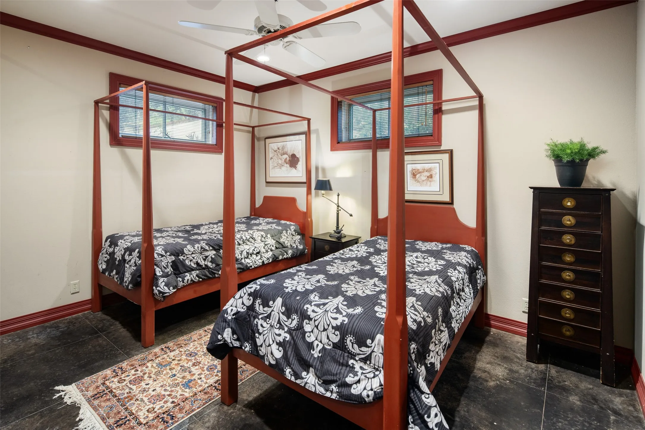 Bedroom located on the ground level with an attached ensuite bath.