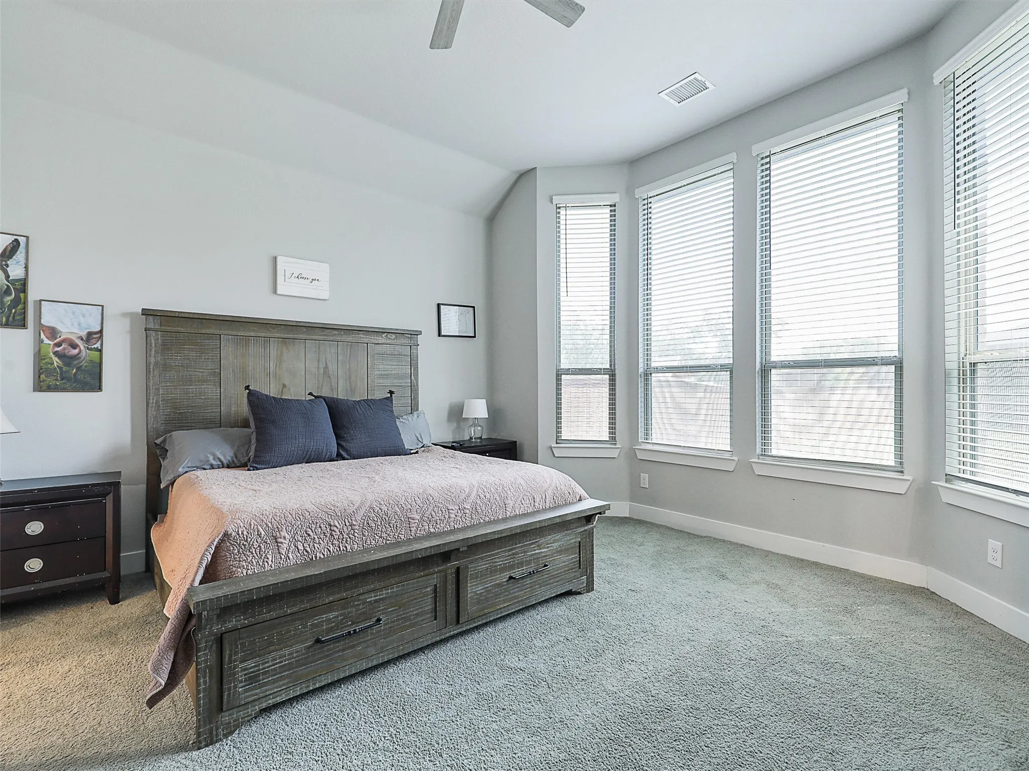 The spacious primary suite offers a peaceful escape with tray ceilings, plush carpet, and generous natural light. Room for a king-size bed, sitting area, and more.