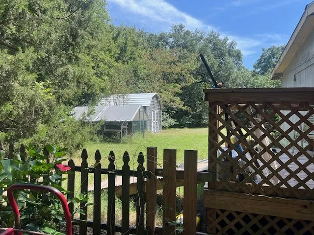 View of green lawn with an outbuilding