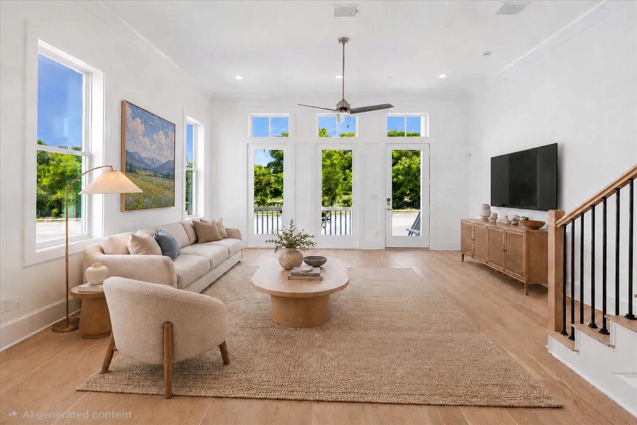 Bright living space featuring expansive windows and a glass-paneled door