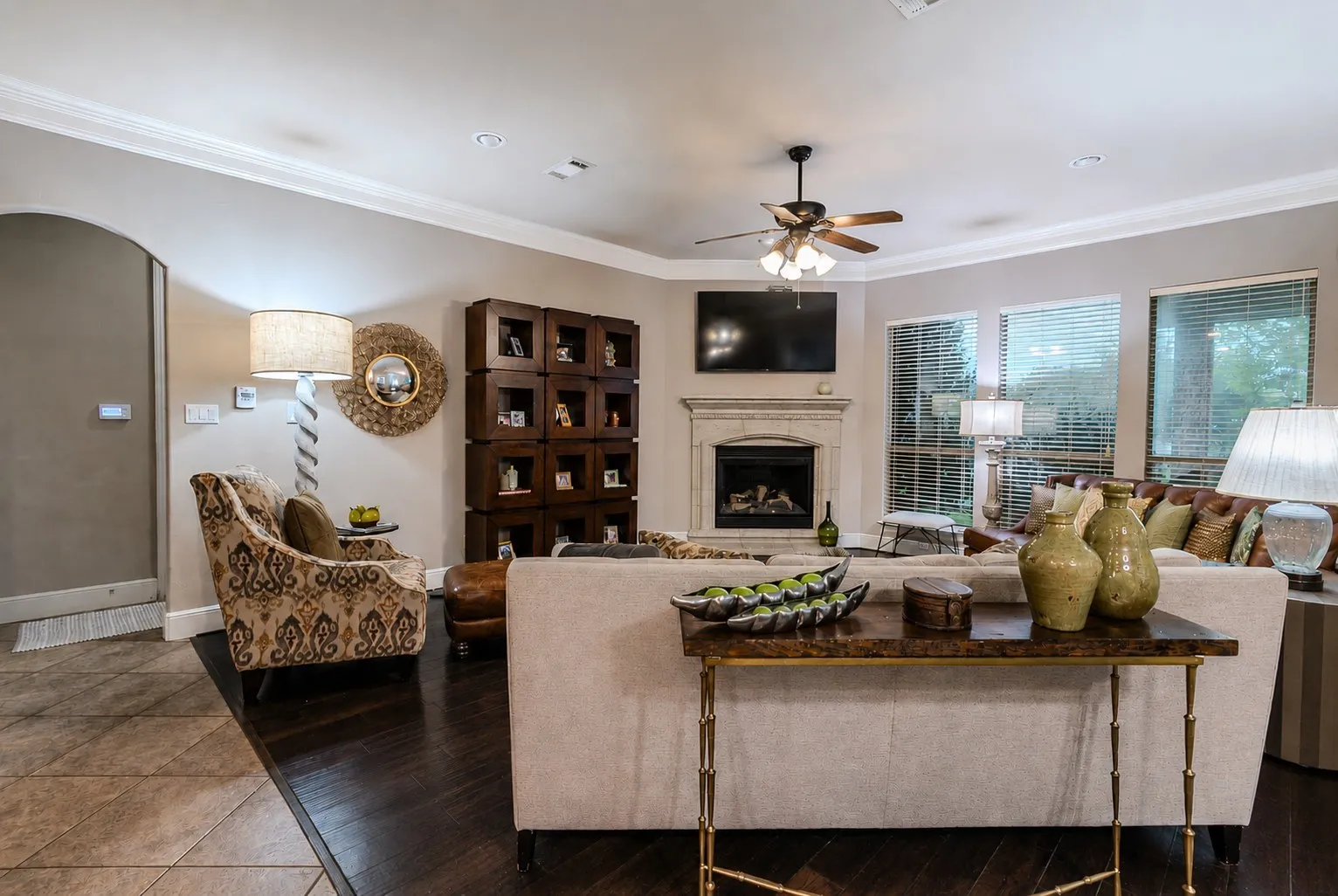 View of the den facing the fireplace.