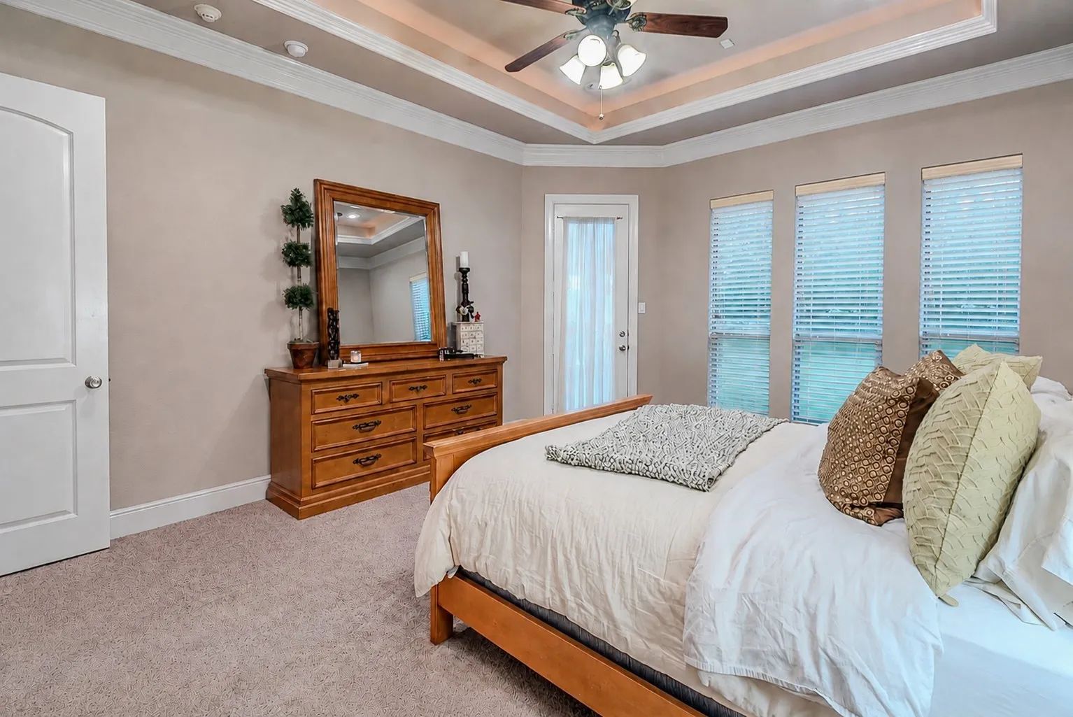 Spacious primary bedroom with natural light and exterior door to the back yard. Notice the tray ceiling!