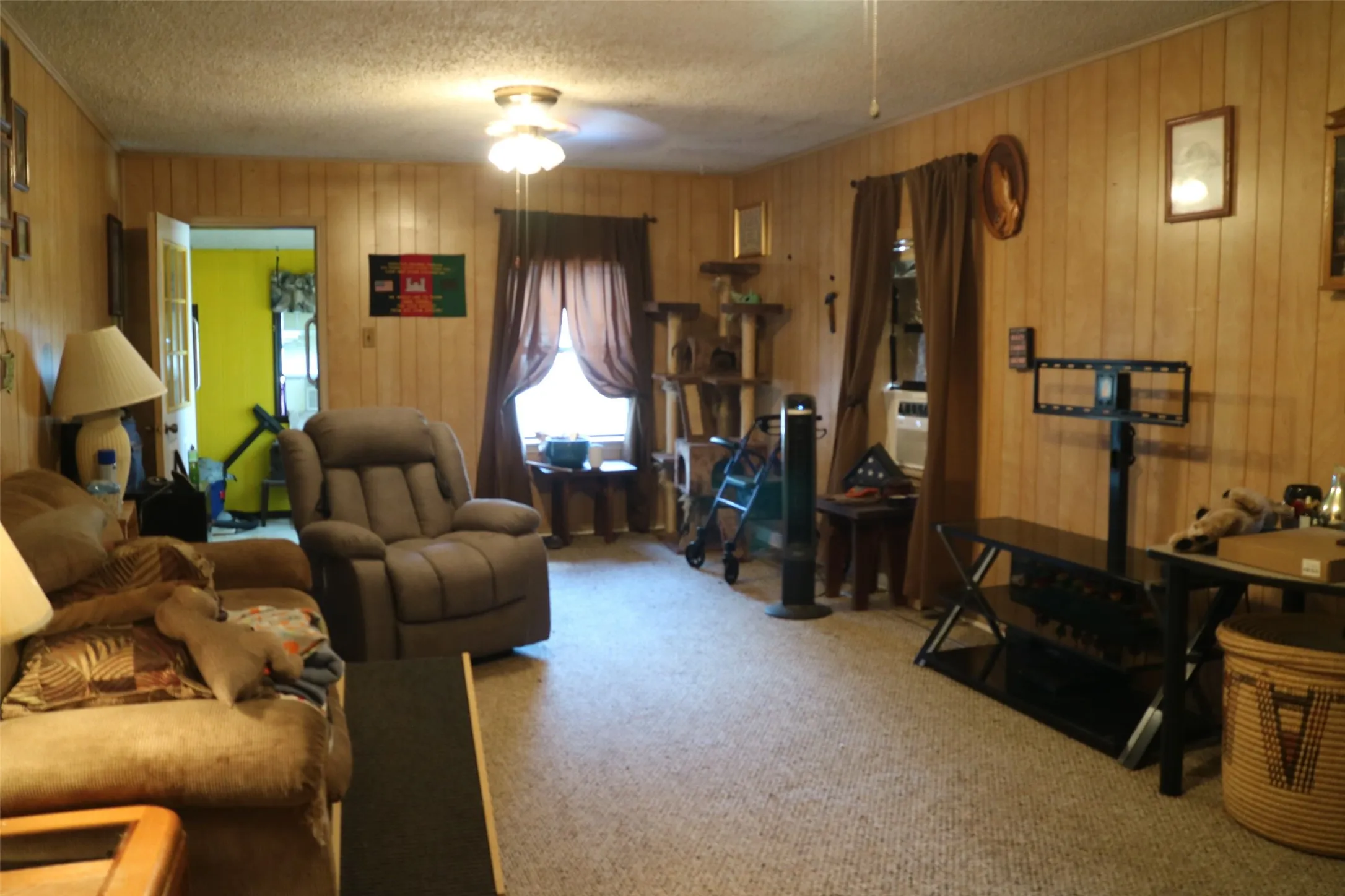 Living room featuring carpet flooring, a textured ceiling, and a ceiling fan