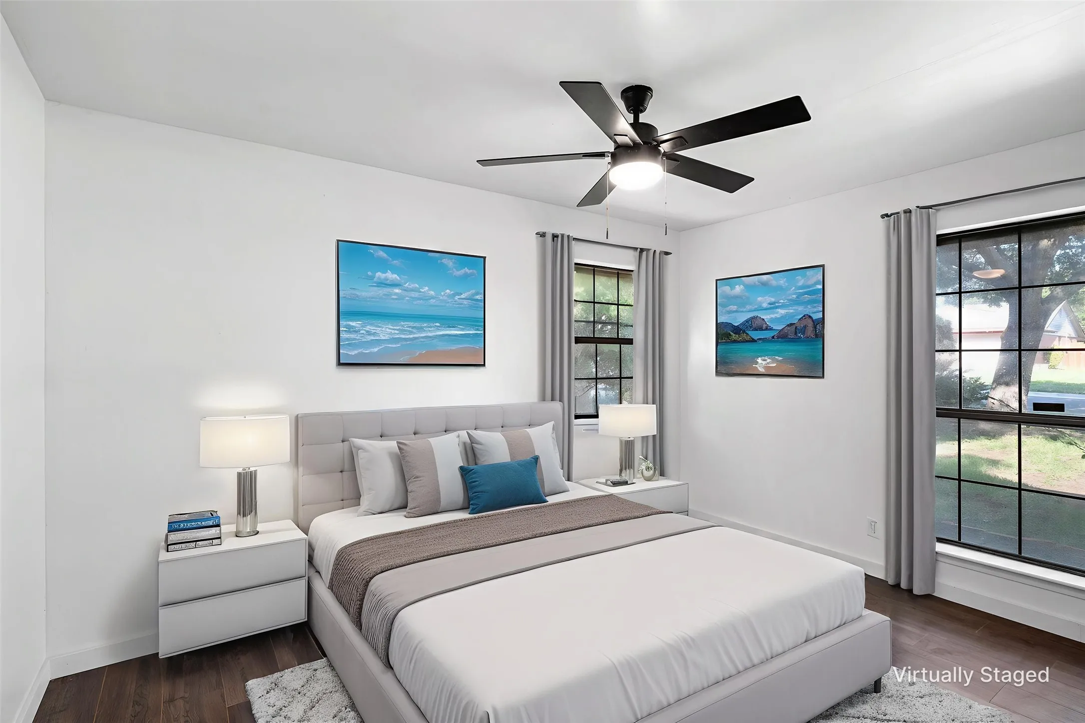 Bedroom featuring dark wood-style flooring and ceiling fan
