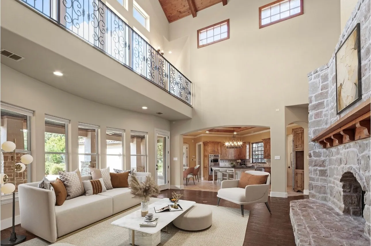 The ceiling lines throughout this estate are awe-inspiring and impressive, many of them with cedar with ornate lighting fixtures and fans sprinkled throughout. This photo has been virtually staged.
