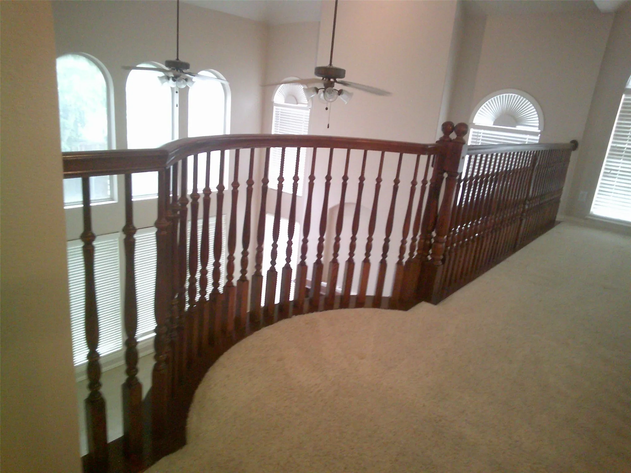 Stairway featuring carpet flooring and a ceiling fan