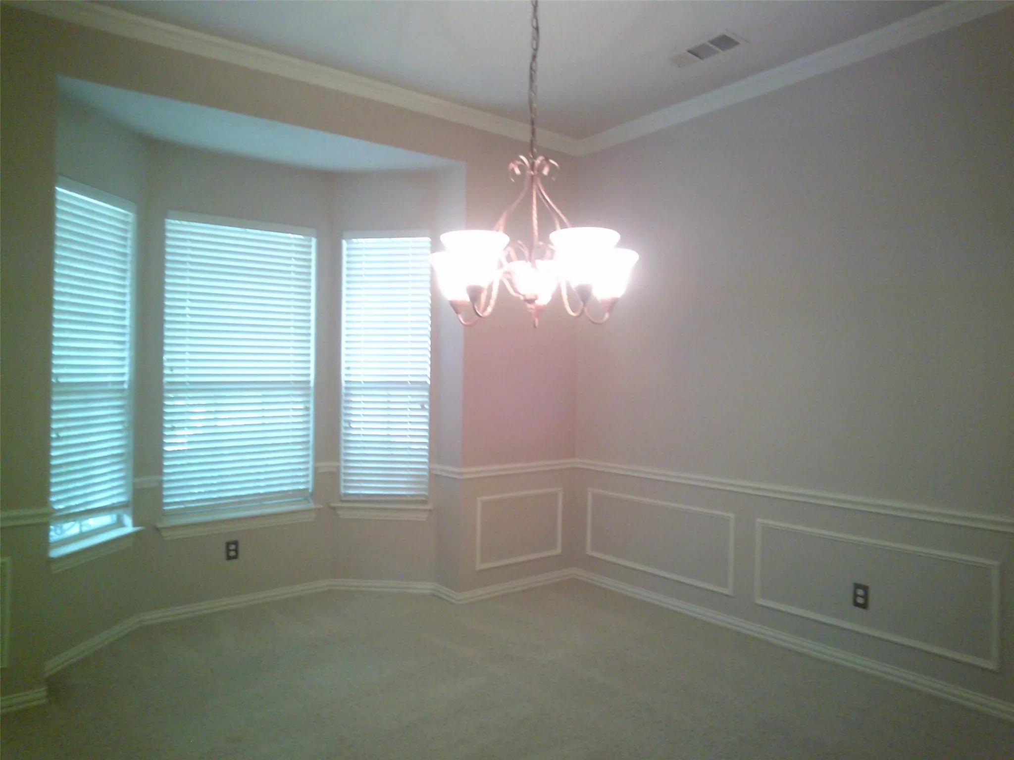 Unfurnished dining area featuring ornamental molding, carpet, a chandelier, a decorative wall, and a wainscoted wall