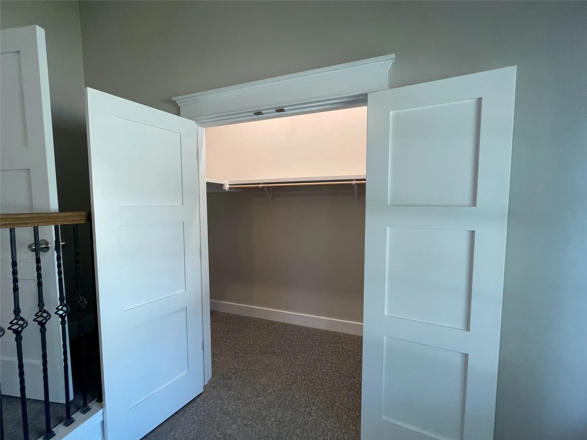 Walk in closet with dark colored carpet