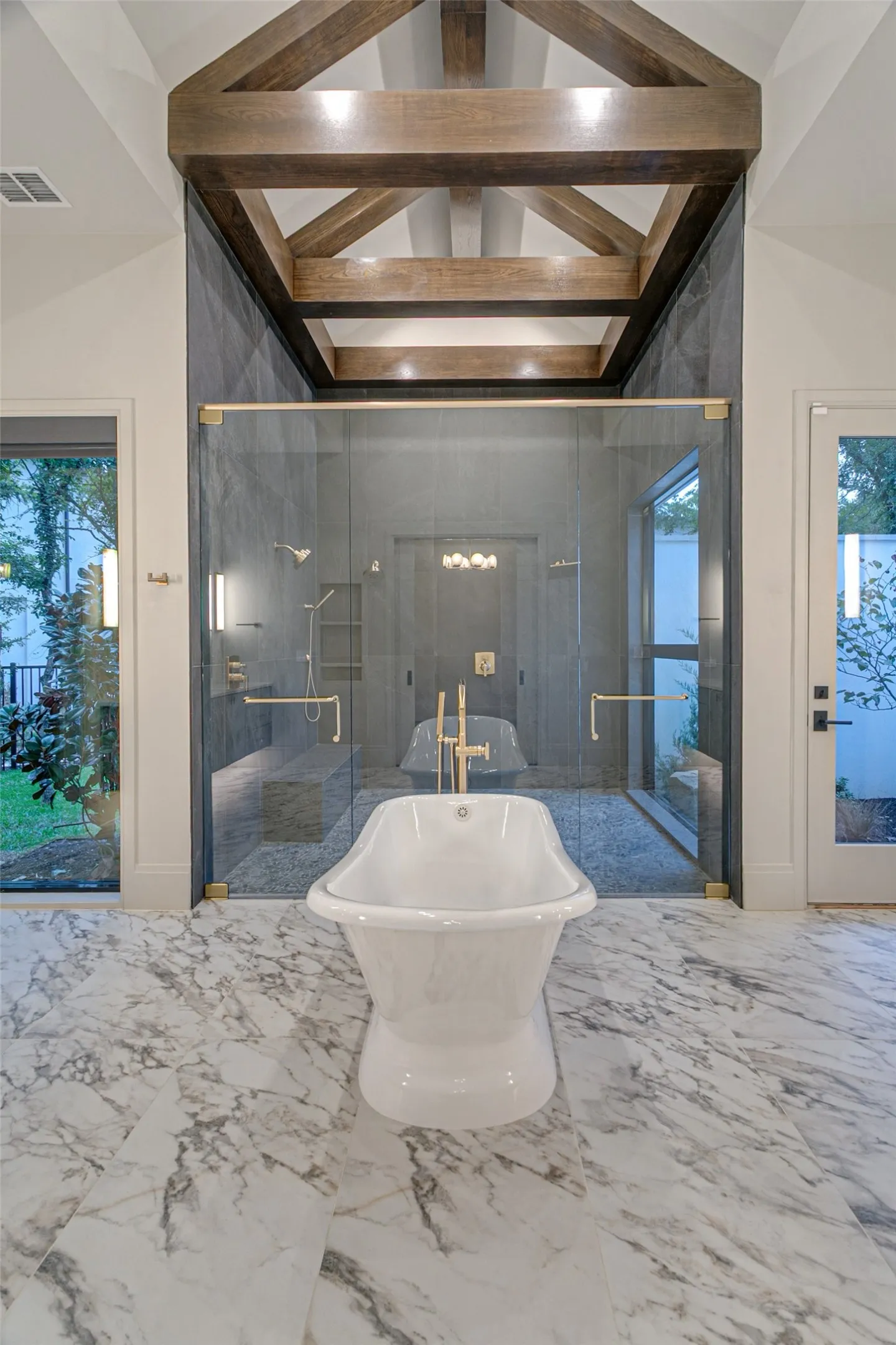 Beamed ceiling & view of Zen Garden from master shower