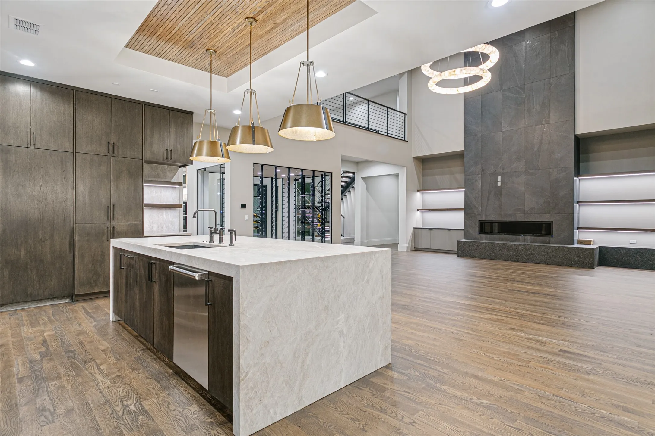 Waterfall stone countertops on island