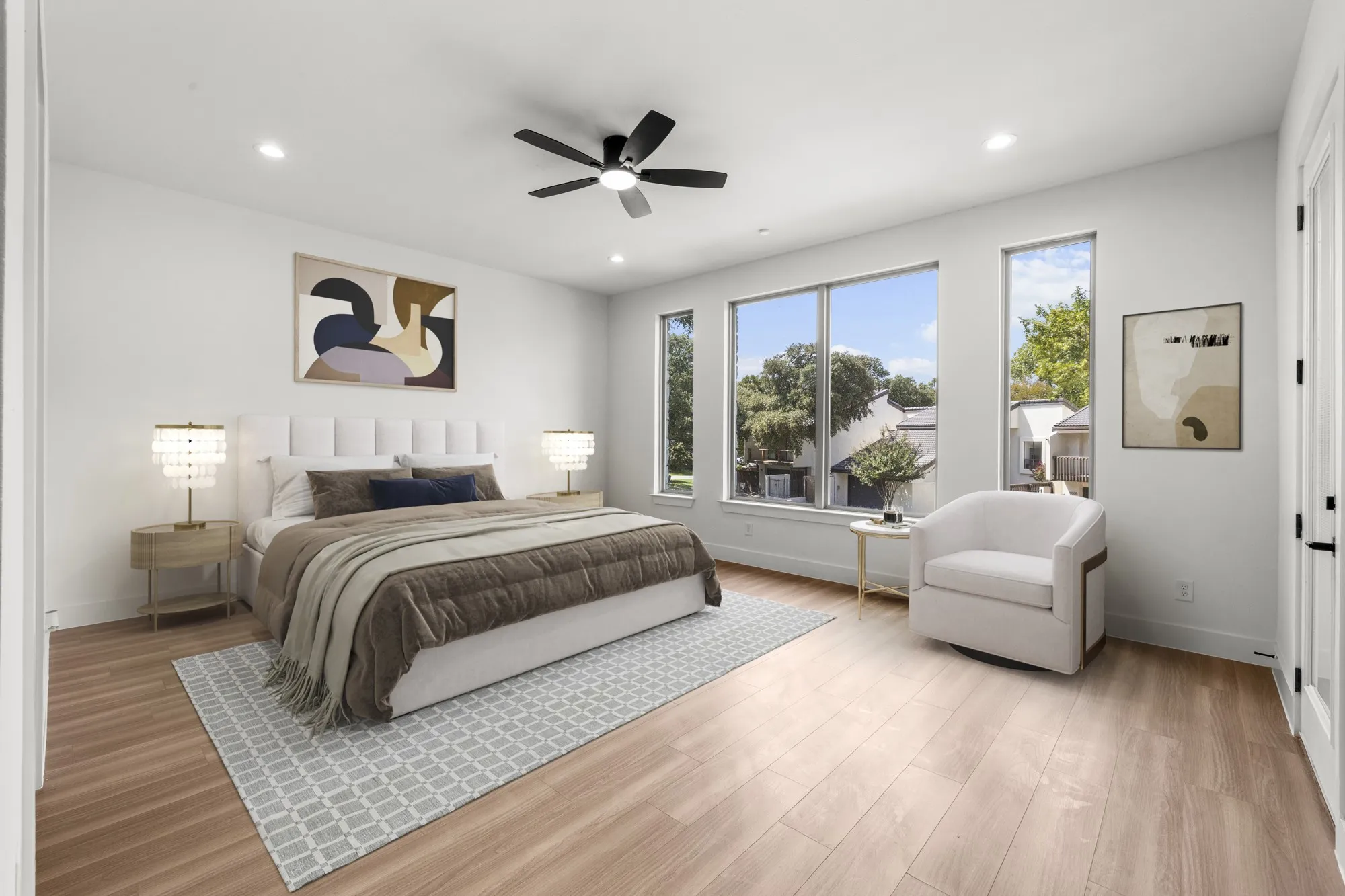 Virtually staged primary bedroom facing the front of home.