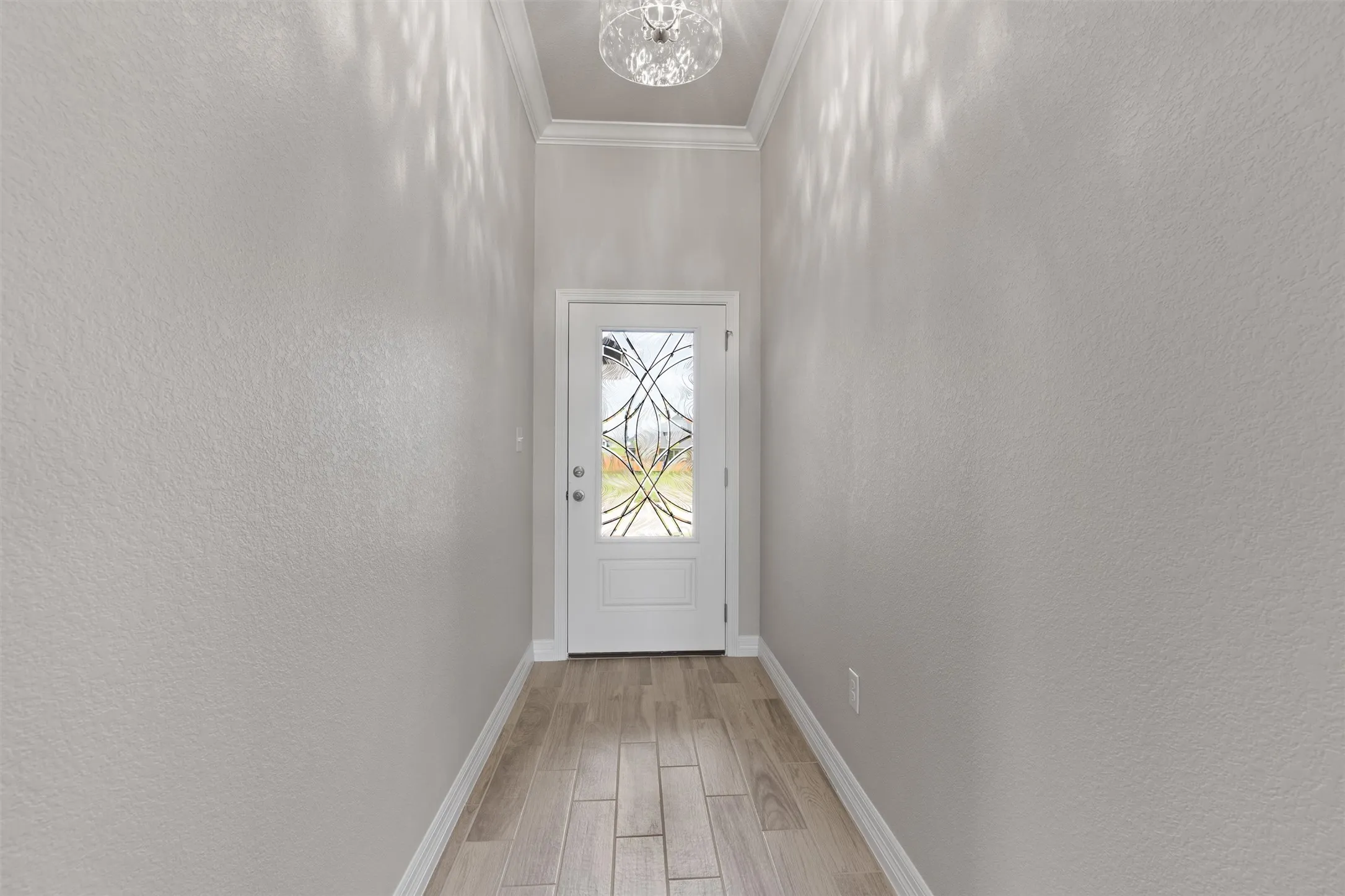 Entryway featuring a decorative glass front door with a sidelight, wood-finish flooring, and a contemporary ceiling light fixture