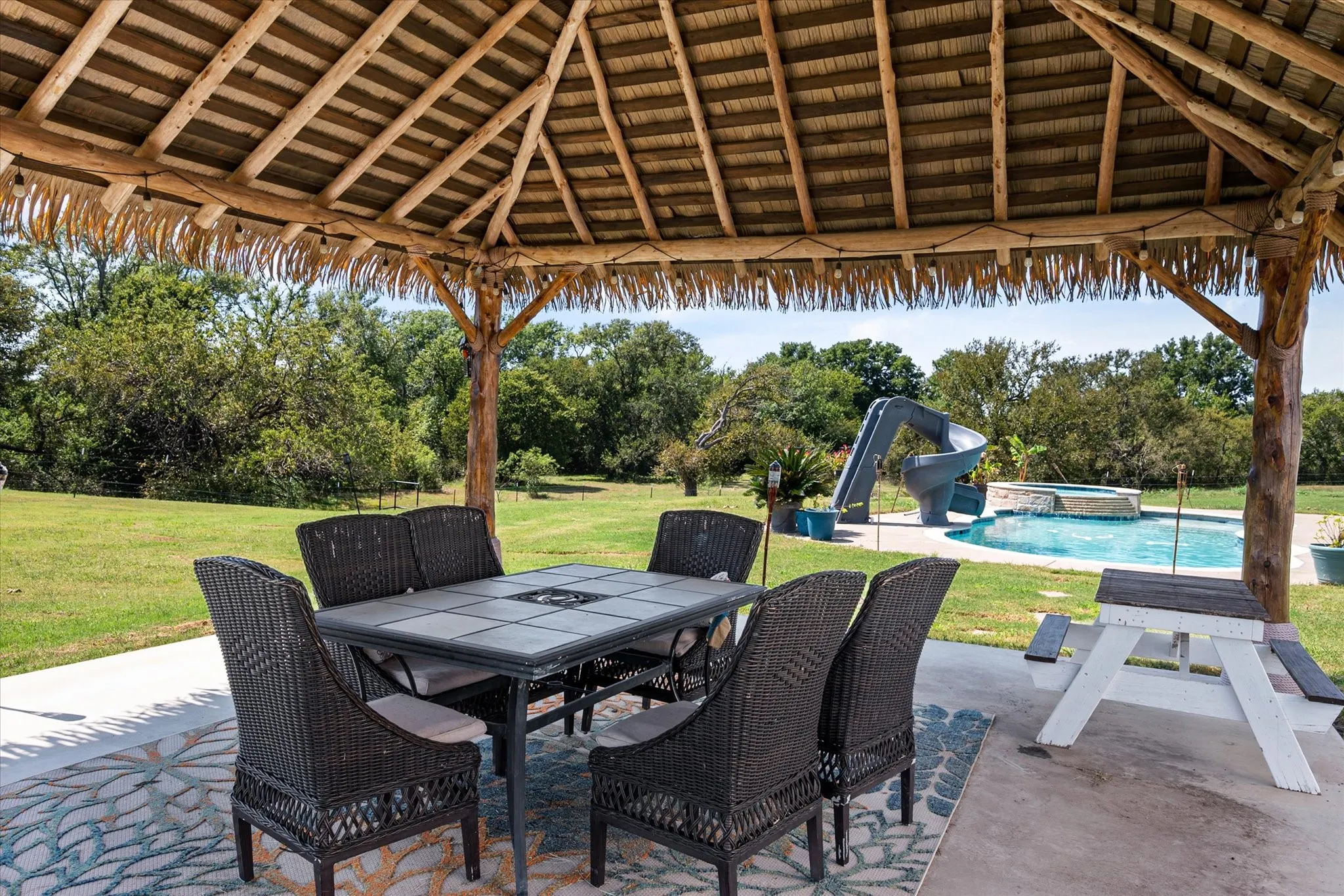 Additional covered living space overlooking the pool