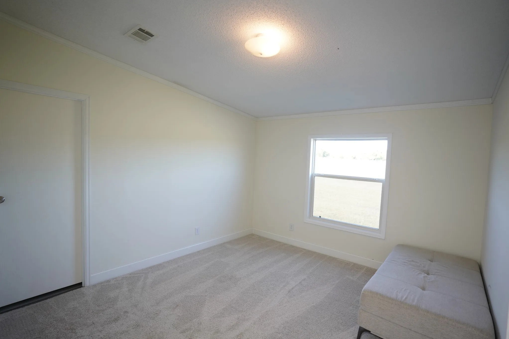 Unfurnished bedroom featuring light colored carpet, crown molding, and a textured ceiling