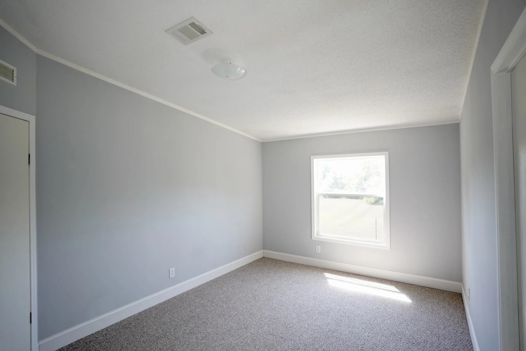 Empty room with carpet and crown molding
