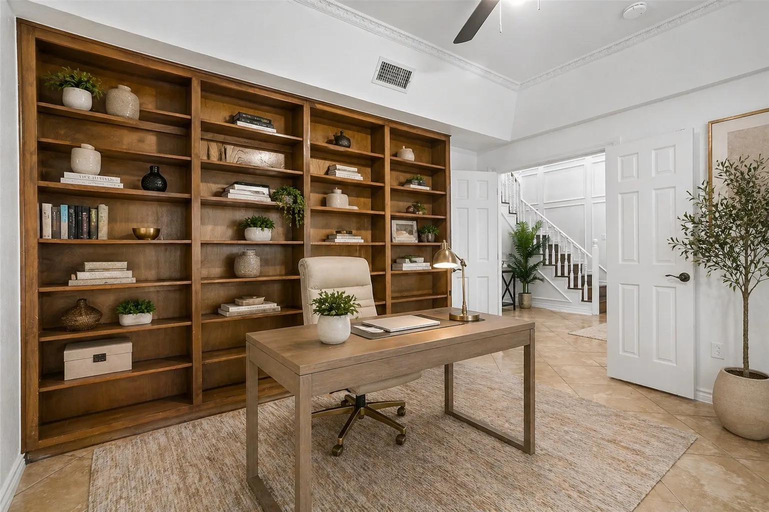 Home office built in shelves on the 1st floor