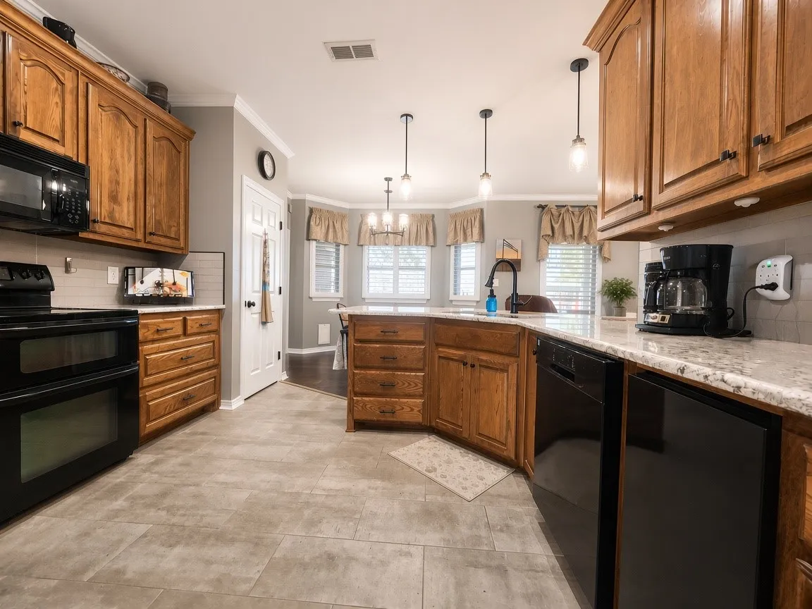 Kitchen featuring wood cabinetry, stone countertops, black appliances, a central island, and tile flooring