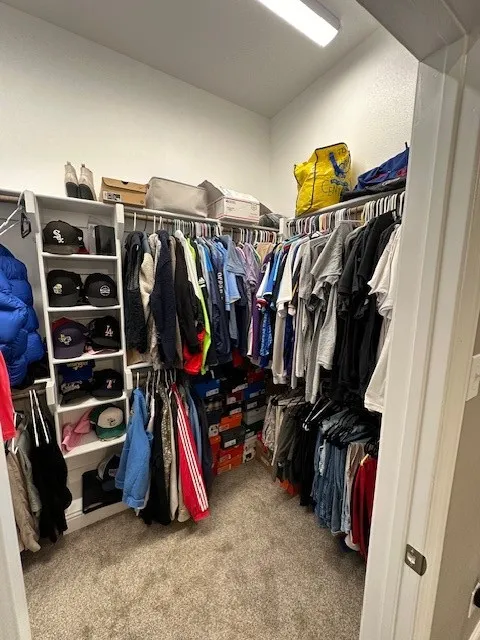 Walk in closet featuring light carpet