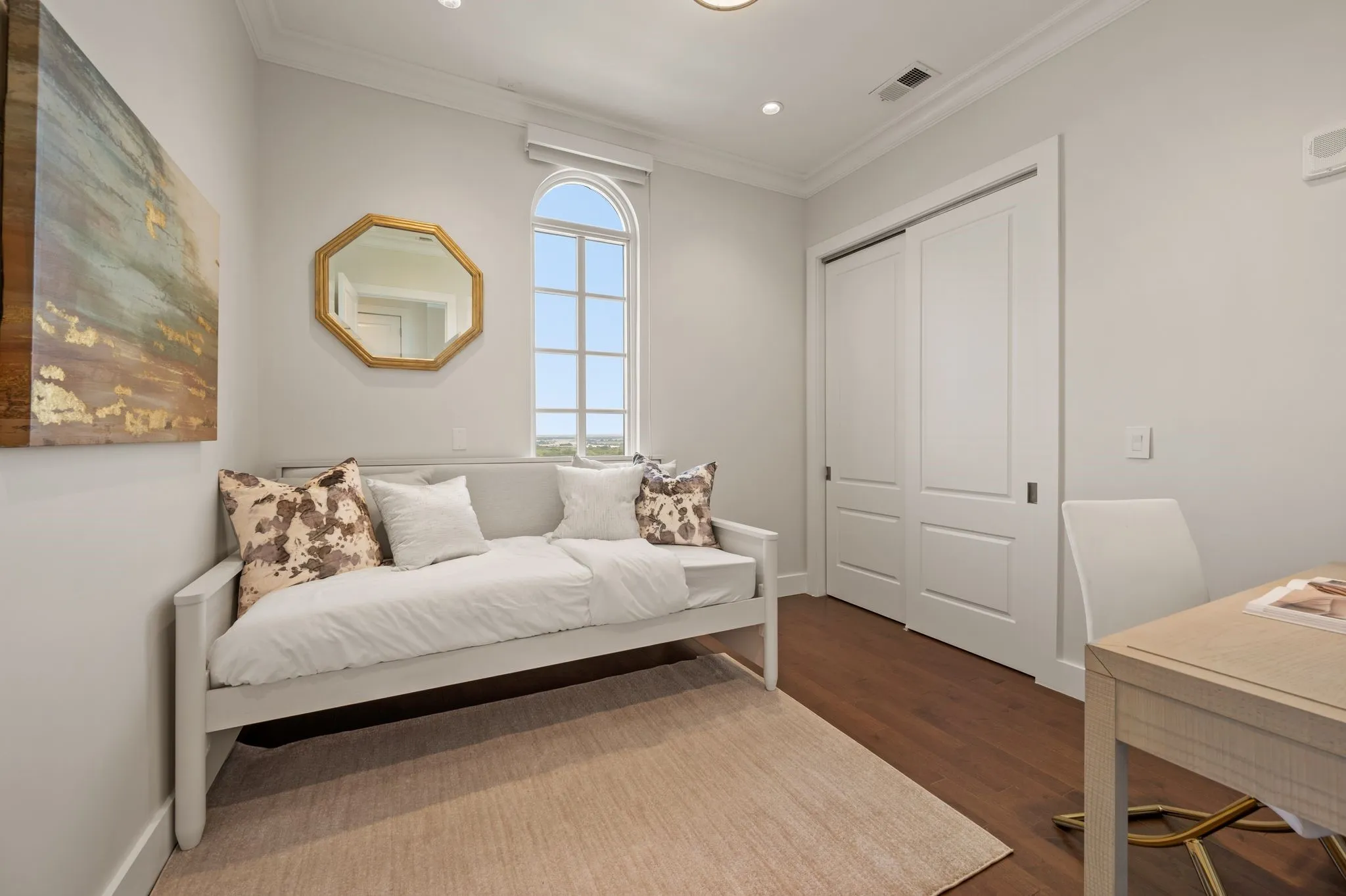 Bedroom featuring dark wood-style floors, crown molding, a closet, an office area, and recessed lighting