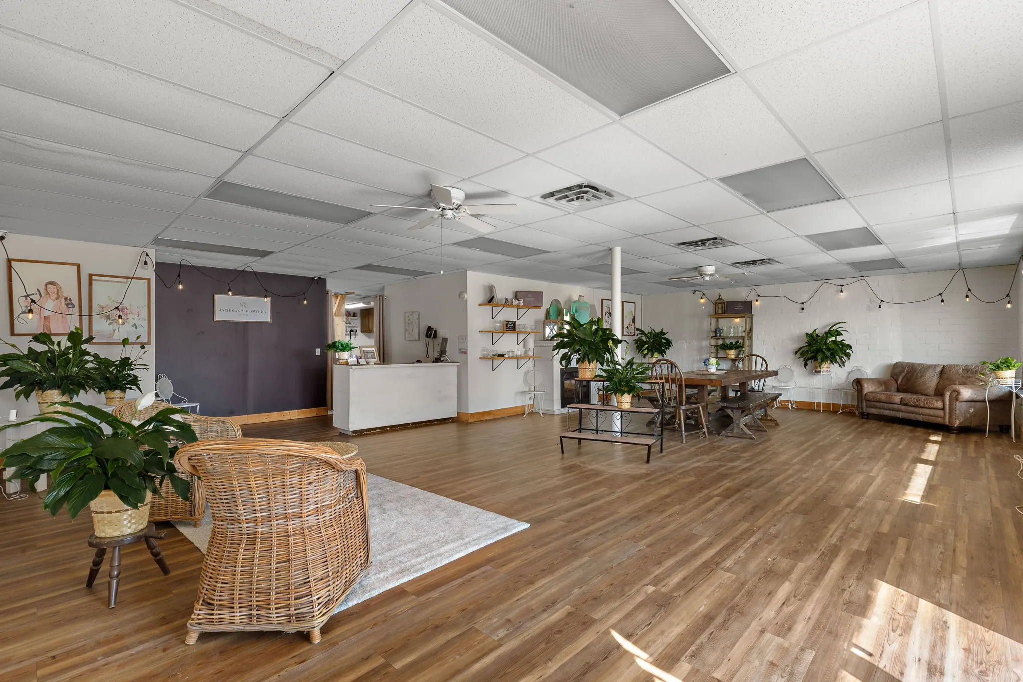 Living room featuring a ceiling fan, light wood-style flooring, and a paneled ceiling
