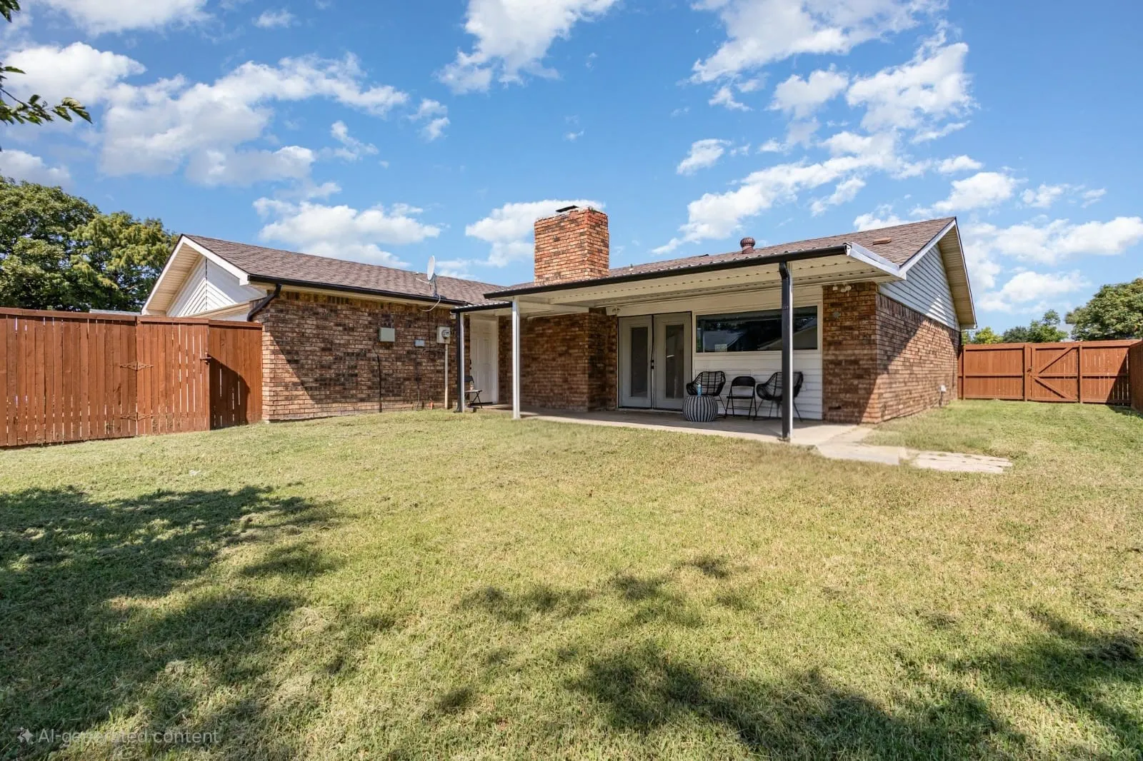 Rear view of house featuring a patio, a fenced backyard, a chimney, a gate, and brick siding