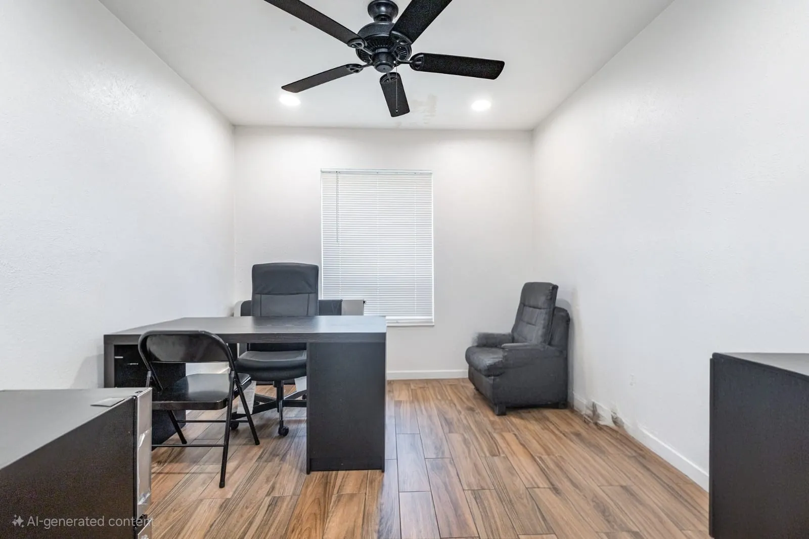 Office space featuring light wood-style floors, ceiling fan, and recessed lighting