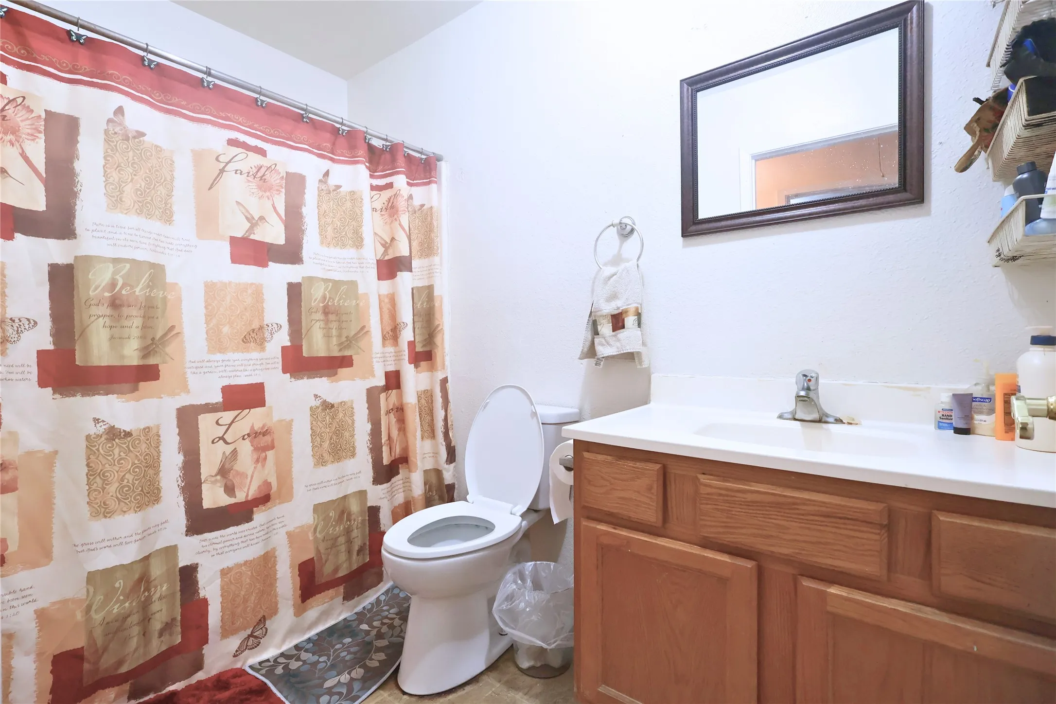 Bathroom featuring vanity and curtained shower