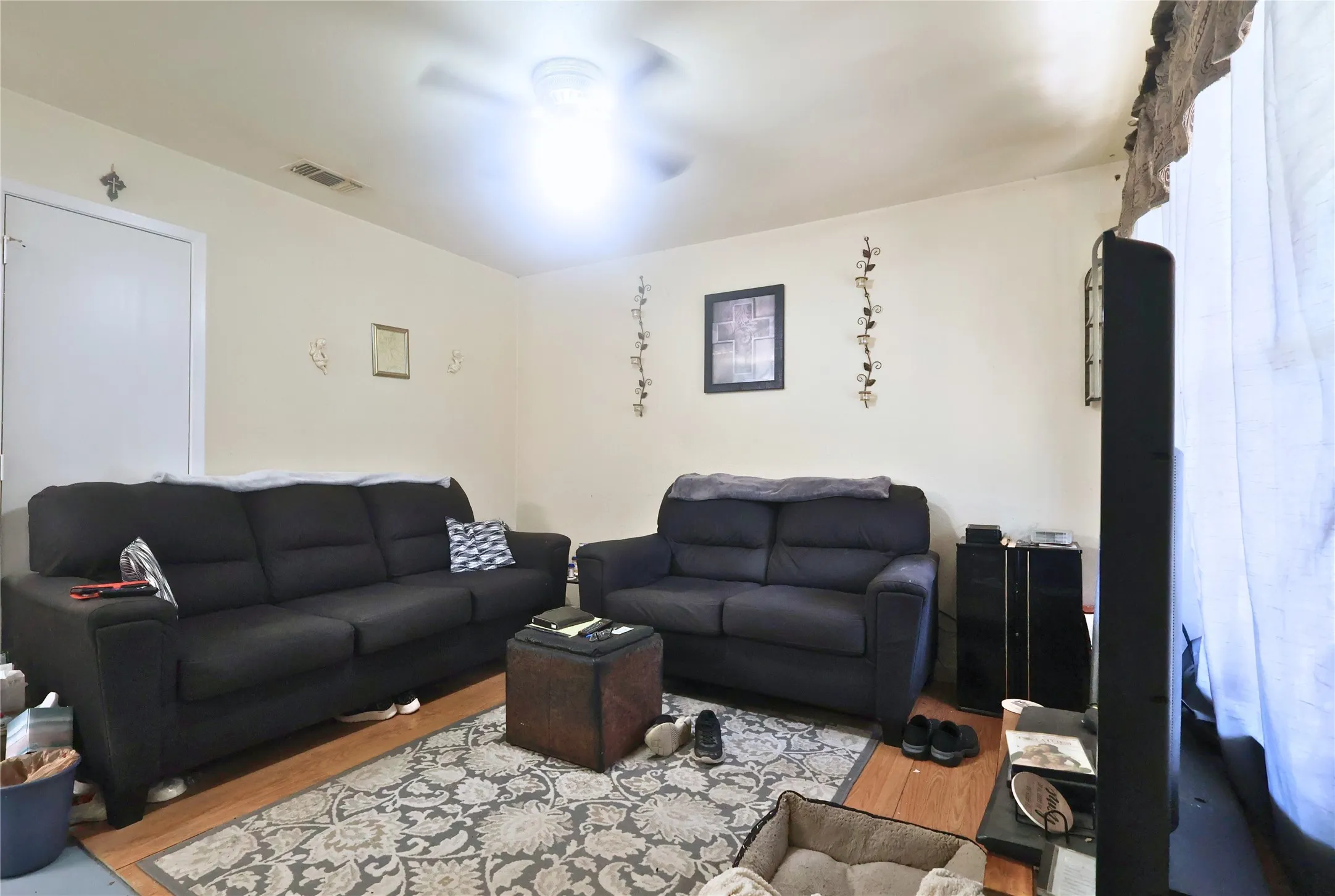 Living room featuring wood finished floors and ceiling fan