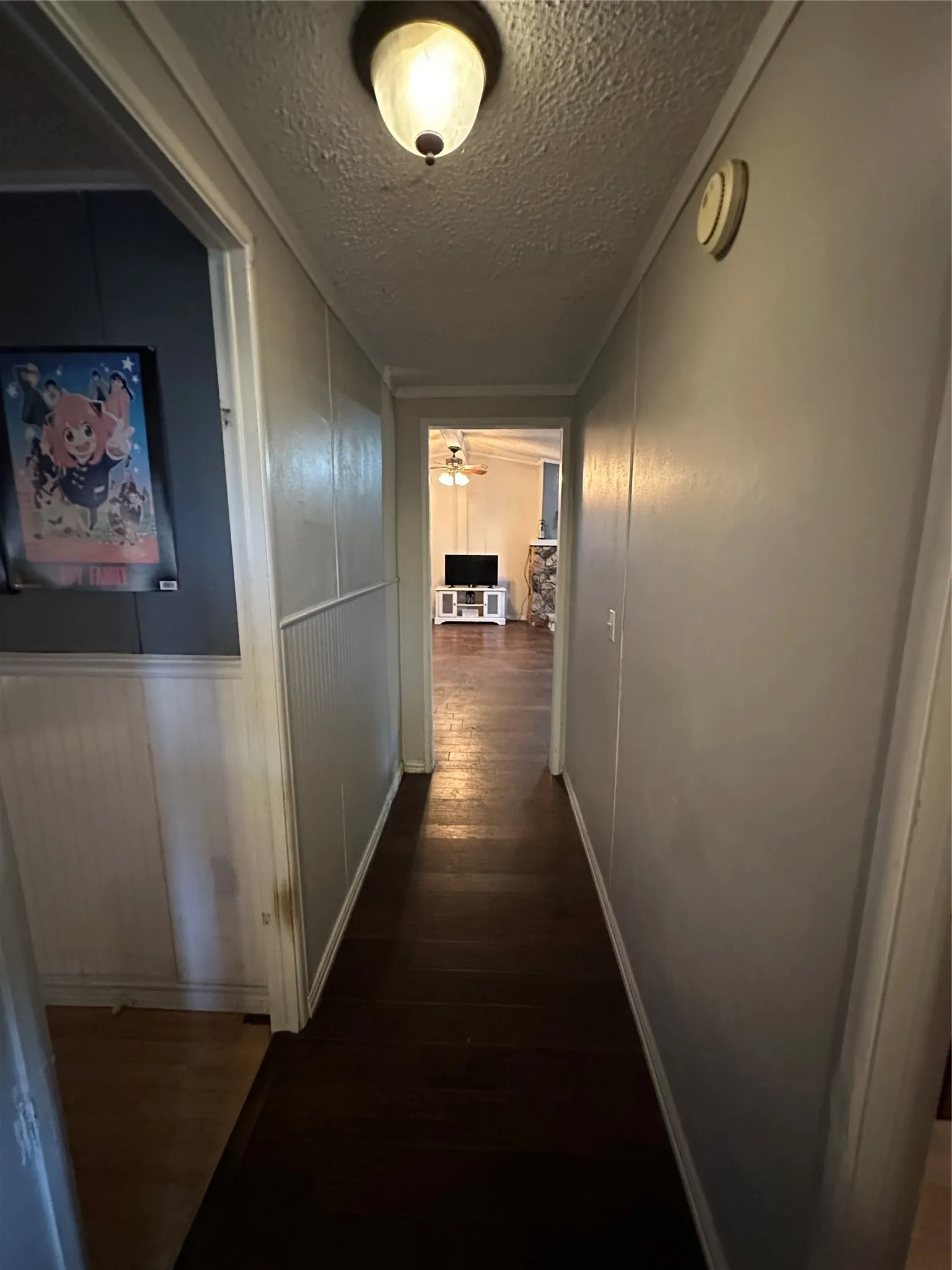 Hall featuring a textured ceiling, dark wood-type flooring, and a decorative wall