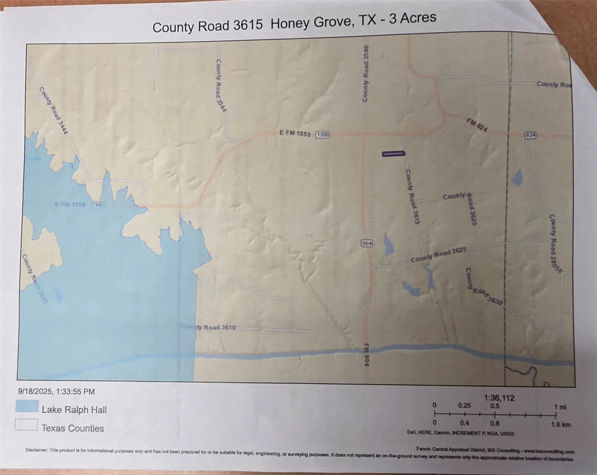 Map from Fannin CAD showing location of property from Ralph Hall Lake.