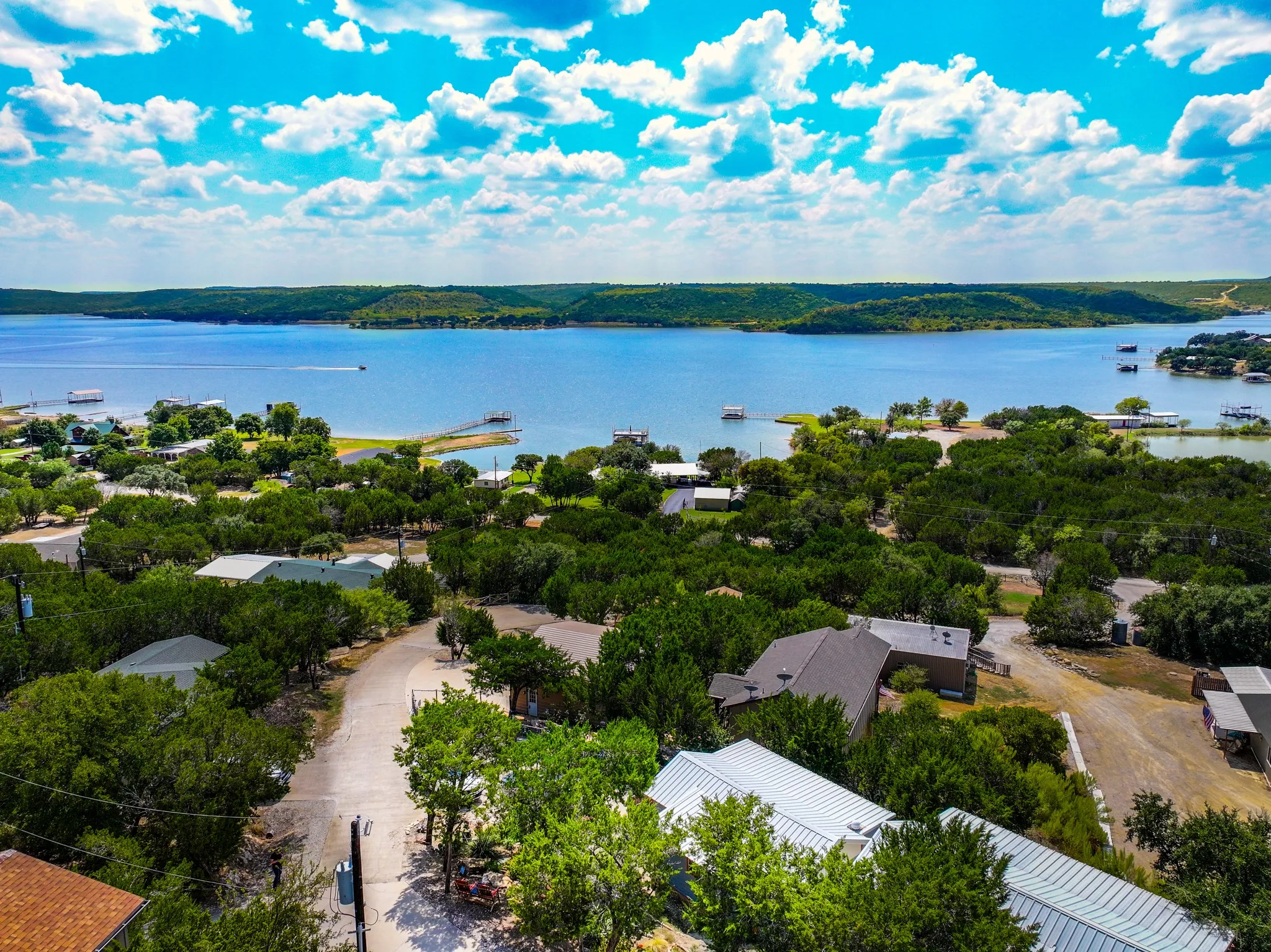 The aerial view of Possum Kingdom Lake shows the close proximity of this cabin to the water. And much of the view can be enjoyed from at the property!