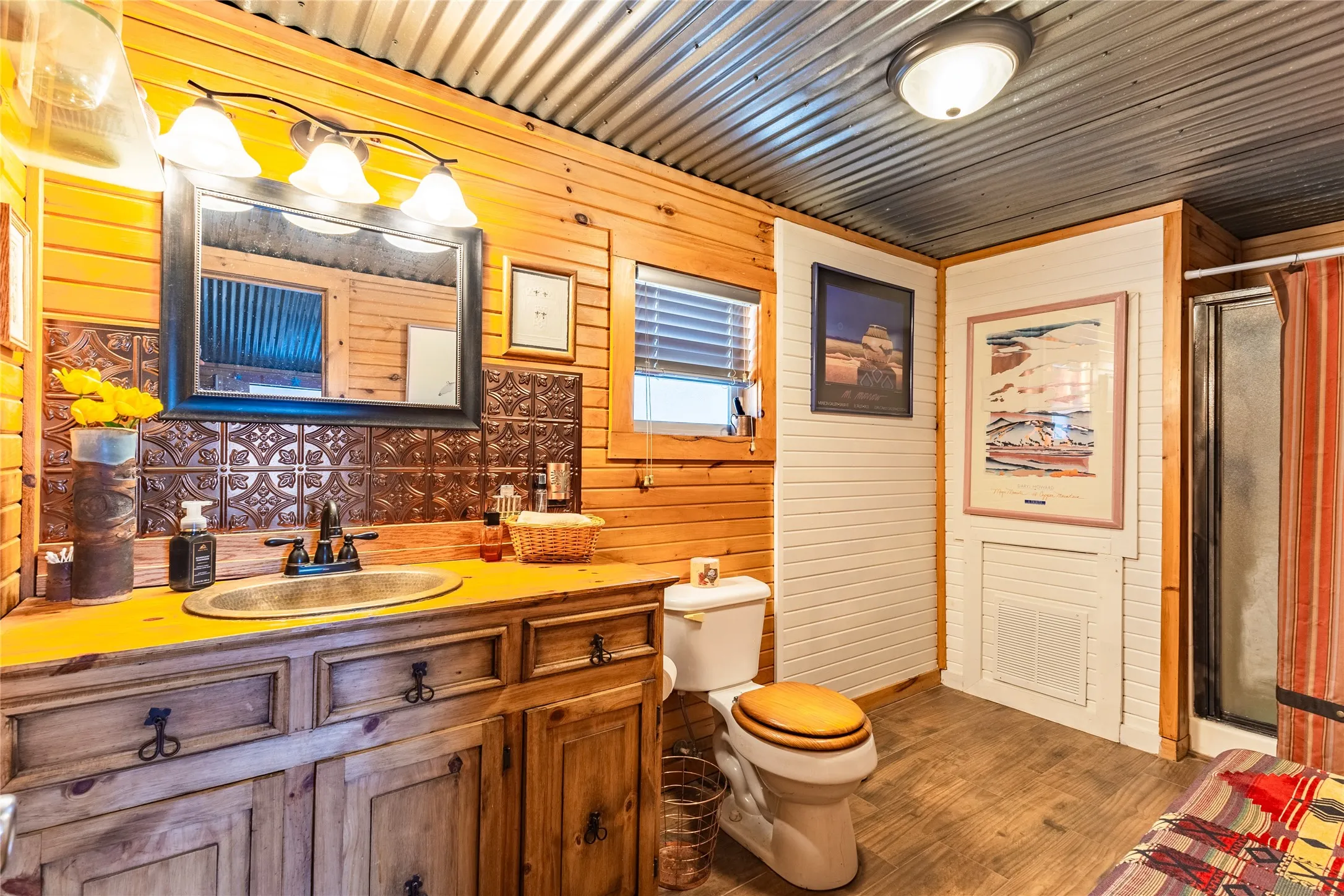 Large bathroom with shower.