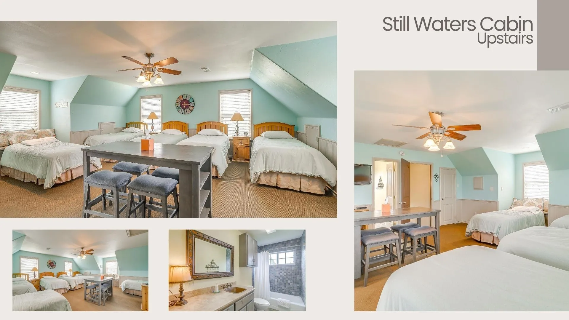 Upstairs loft currently set-up for multi hosting with 6 single beds. Featuring multiple windows, ceiling fan, lofted ceiling, and light carpet.  Full restroom in upstairs/loft.