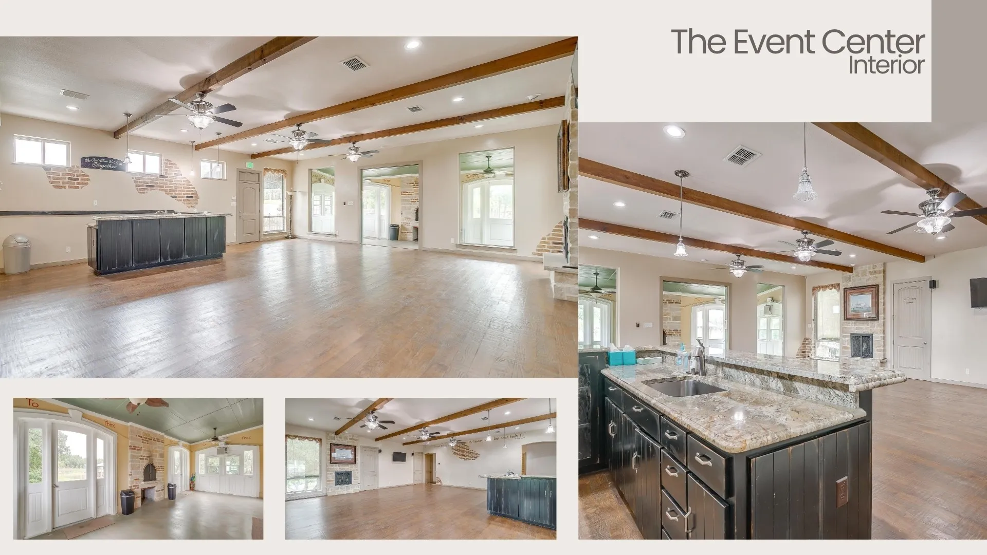 Reception or Event center (flex building) with full kitchen, bar, 2 fireplaces, 2 restrooms.