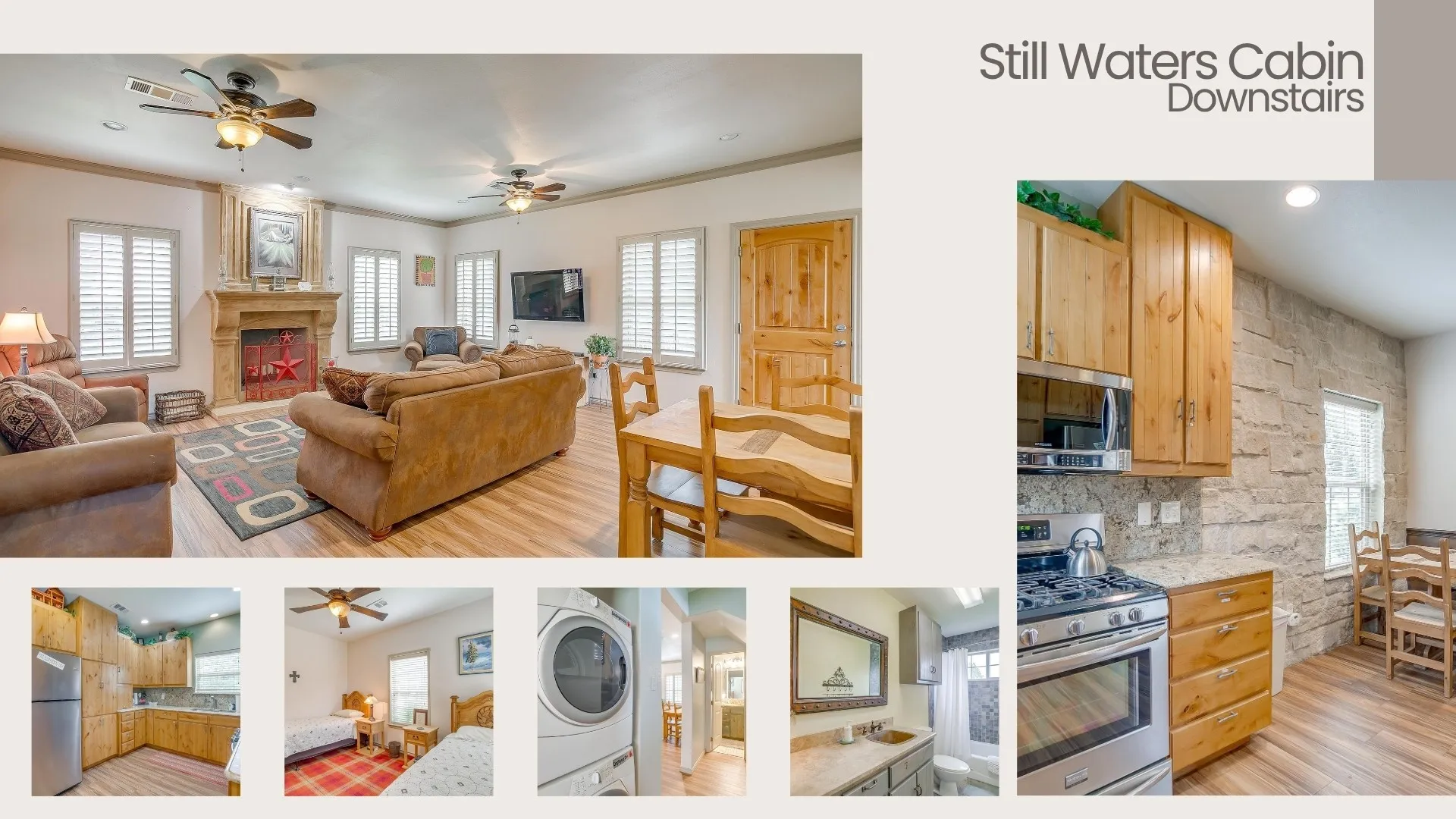 Collage of Living room with fireplace, dining area with stone wall, laundry, downstairs bedroom and bathroom.